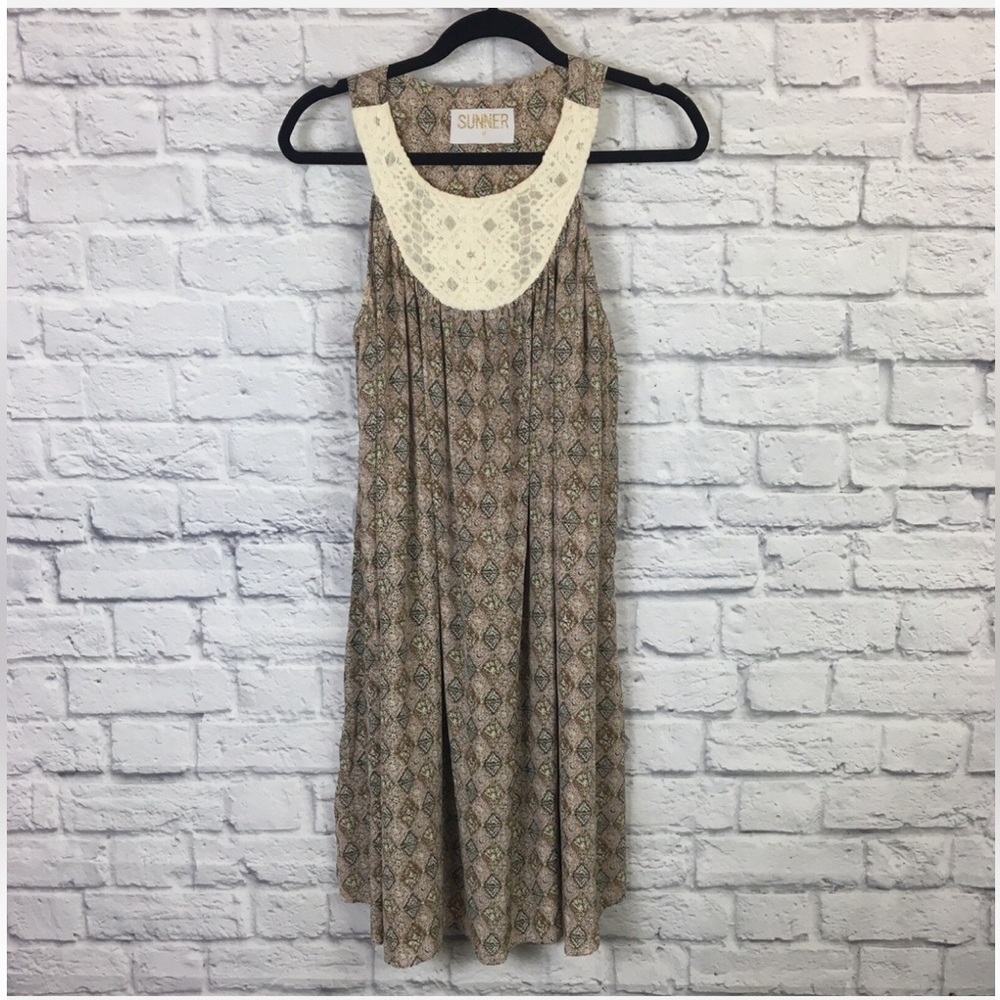 Sunner Anthropologie Florid Diamonds Ivory Yoke Taupe Printed Silk Mini Dress XS